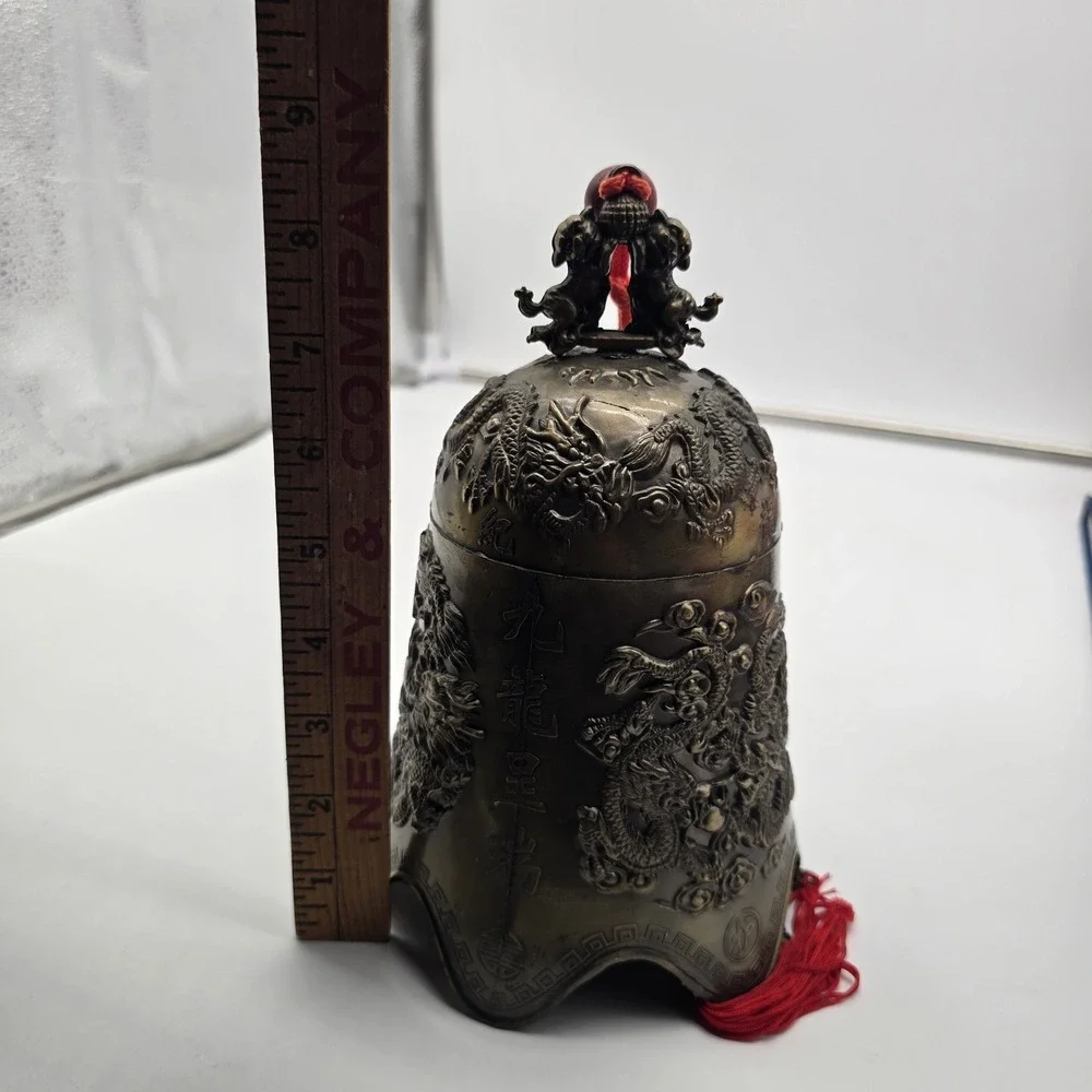 Vintage Chinese‎ Brass Bell with Dragon & Foo Dog Motif For Luck & Wealth